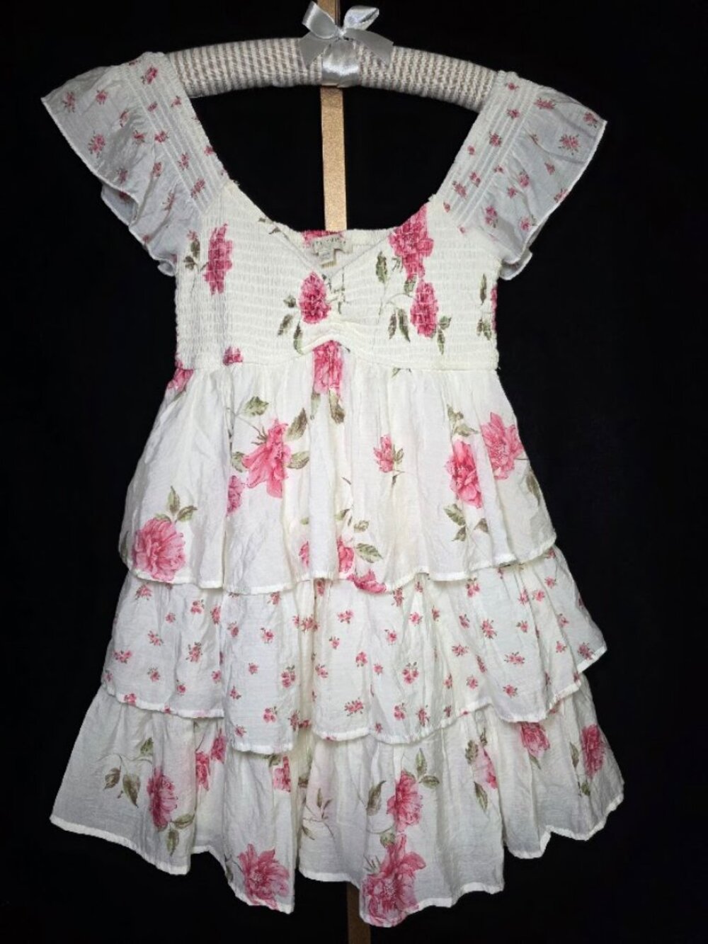 Thirty Thirty LA / UO Pink Floral Smocked Tiered Ruffle Mini Dress M